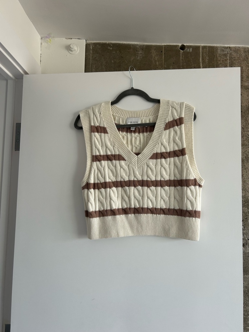 Pink Rose Cream & Brown Striped Cable Knit Vest